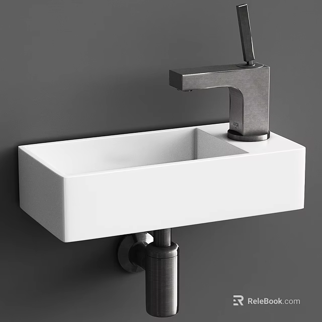 Modern White Square Shaped Washbasin With Metal Faucet On Grey Wall 3d model 