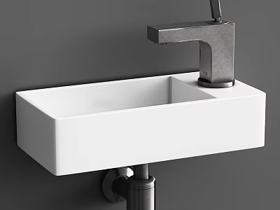 Modern White Square Shaped Washbasin With Metal Faucet On Grey Wall 3d model