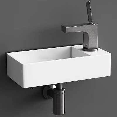 Modern White Square Shaped Washbasin With Metal Faucet On Grey Wall 3d model