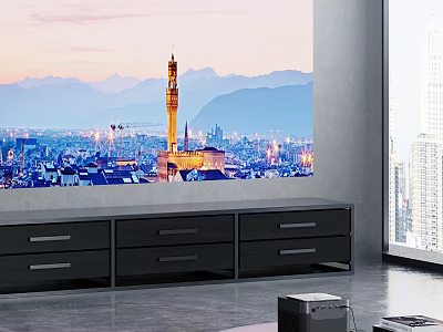 Projection Monitoring System with Large Screen Showing Cityscape Tower Mountains and Sunset Sky 3d model