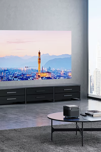 Projection Monitoring System with Large Screen Showing Cityscape Tower Mountains and Sunset Sky 3d model