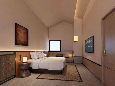 Cozy Hotel Guest Room With Bed Painting TV Window Warm Lighting Wooden Nightstand And Rug 3d model