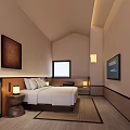 Cozy Hotel Guest Room With Bed Painting TV Window Warm Lighting Wooden Nightstand And Rug