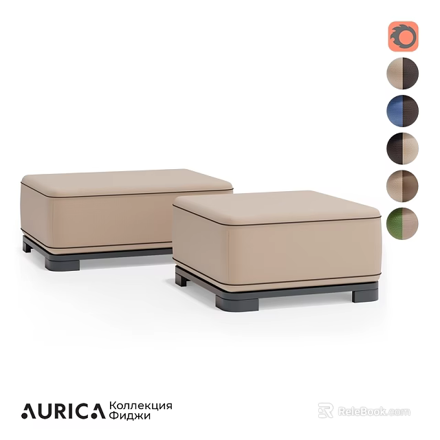 Two Beige Upholstered Square Ottomans With Black Legs And Color Options 3d model 