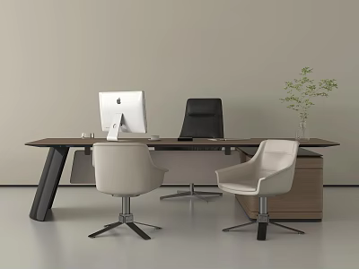 Modern Office Table And Chair Set With White Computer Plant And Cabinet 3d model