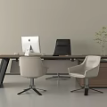 Modern Office Table And Chair Set With White Computer Plant And Cabinet