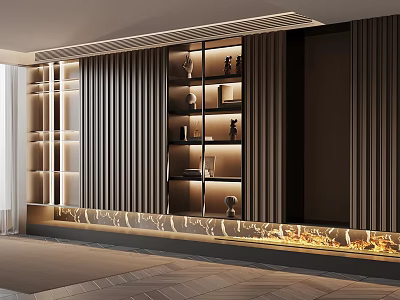Modern Glass Door Bookcase With Decorative Items And Ambient Lighting In Living Room Interior 3d model