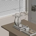 Minimalist Decorative Ornament Set With Ceramic Vases Glass Sphere And Dried Branches On Wooden Table