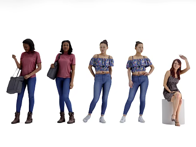 Group of women posing in casual outfits with denim jeans and stylish tops 3d model