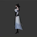 3D Fantasy Female Character In White Blue Traditional Costume With Long Black Hair And Sleeves 3d model