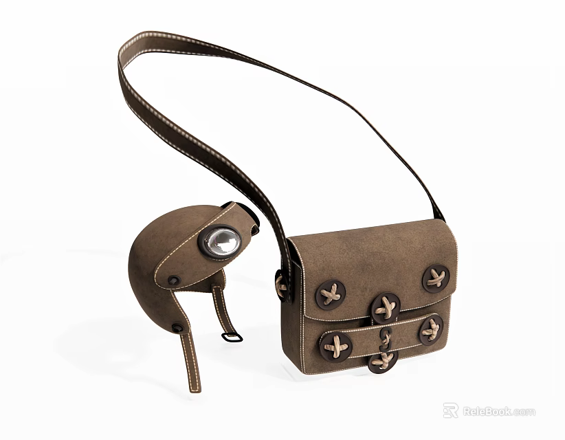 Brown Leather Shoulder Bag With Metal Studs And Detachable Pouch Design 3d model 