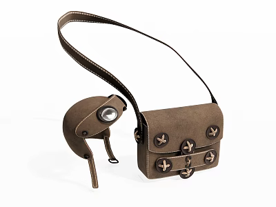 Brown Leather Shoulder Bag With Metal Studs And Detachable Pouch Design 3d model