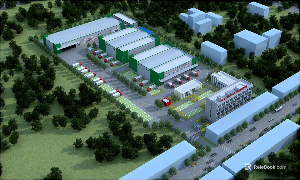 Modern Industrial Factory Building Surrounded by Trees Parking Lot with Vehicles and Surrounding Buildings 3d model 
