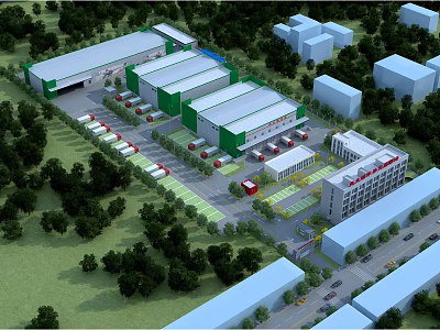 Modern Industrial Factory Building Surrounded by Trees Parking Lot with Vehicles and Surrounding Buildings 3d model