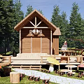 Charming Wooden Cottage In Pine Forest With Wooden Deck And Mushroom Decorations