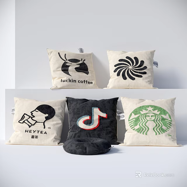 Decorative Pillows With Various Brand Logos And Abstract Spiral Pattern In Neutral Tones 3d model 