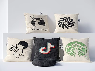 Decorative Pillows With Various Brand Logos And Abstract Spiral Pattern In Neutral Tones 3d model