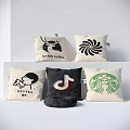 Decorative Pillows With Various Brand Logos And Abstract Spiral Pattern In Neutral Tones