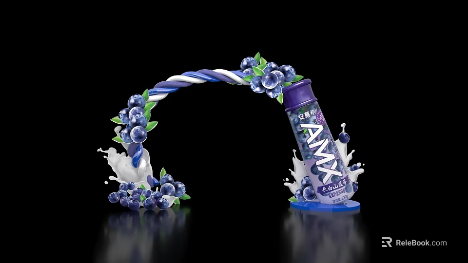 Purple White Striped Candy Cane Event Entrance With Blueberries Milk Splashes And AMY Bottle 3d model 