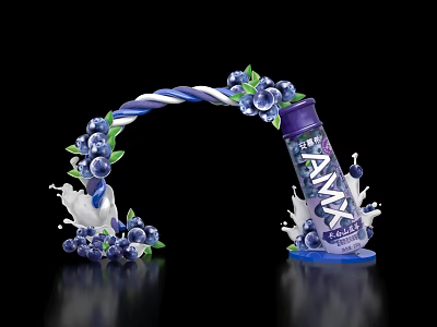 Purple White Striped Candy Cane Event Entrance With Blueberries Milk Splashes And AMY Bottle 3d model
