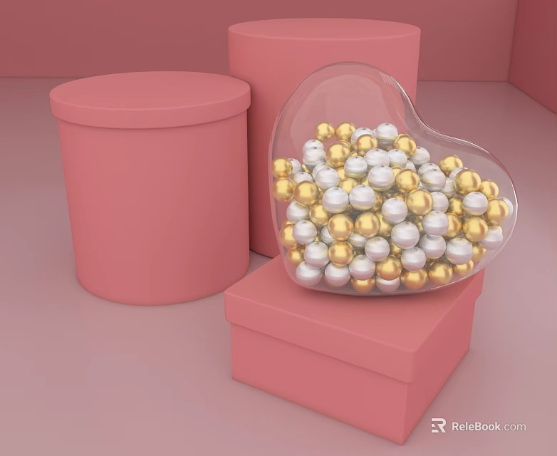 Pink Cylindrical And Square Boxes With Heart Shaped Transparent Container Filled Gold White Beads 3d model 