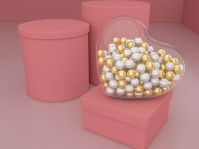 Pink Cylindrical And Square Boxes With Heart Shaped Transparent Container Filled Gold White Beads 3d model