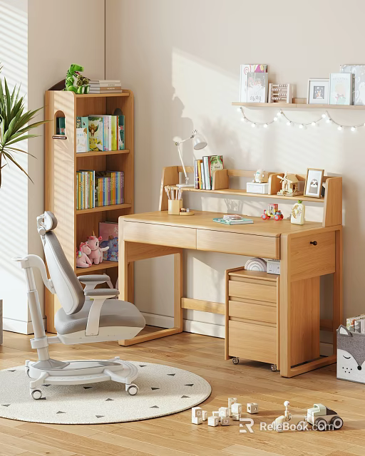 Premium Natural Wood Kids Study Desk With Storage Shelves And Comfortable Adjustable Learning Chair 3d model 