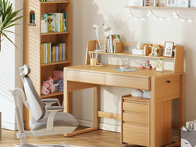 Premium Natural Wood Kids Study Desk With Storage Shelves And Comfortable Adjustable Learning Chair 3d model