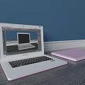 White Dell Laptop Open With Screen Display And Pink Laptop Case On Wooden Floor