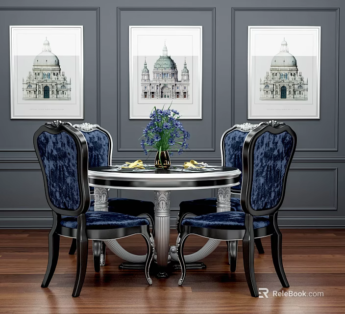 Elegant Dining Table Set With Blue Patterned Chairs Round Silver Base And Wall Art 3d model