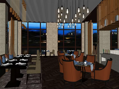 Elegant Restaurant Interior With Large Windows Night View Hanging Lights Dining Tables Brown Chairs 3d model