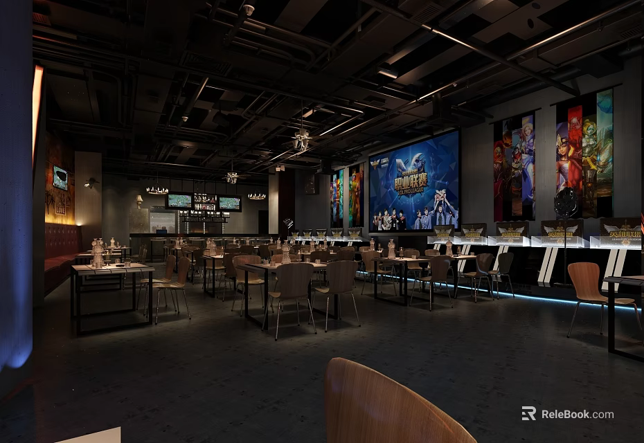 Modern Restaurant Interior With Dining Tables Chairs Decorative Paintings And Lighting 3d model 