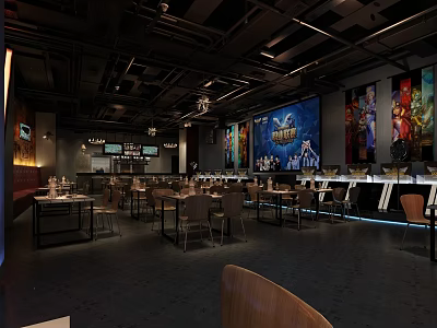 Modern Restaurant Interior With Dining Tables Chairs Decorative Paintings And Lighting 3d model