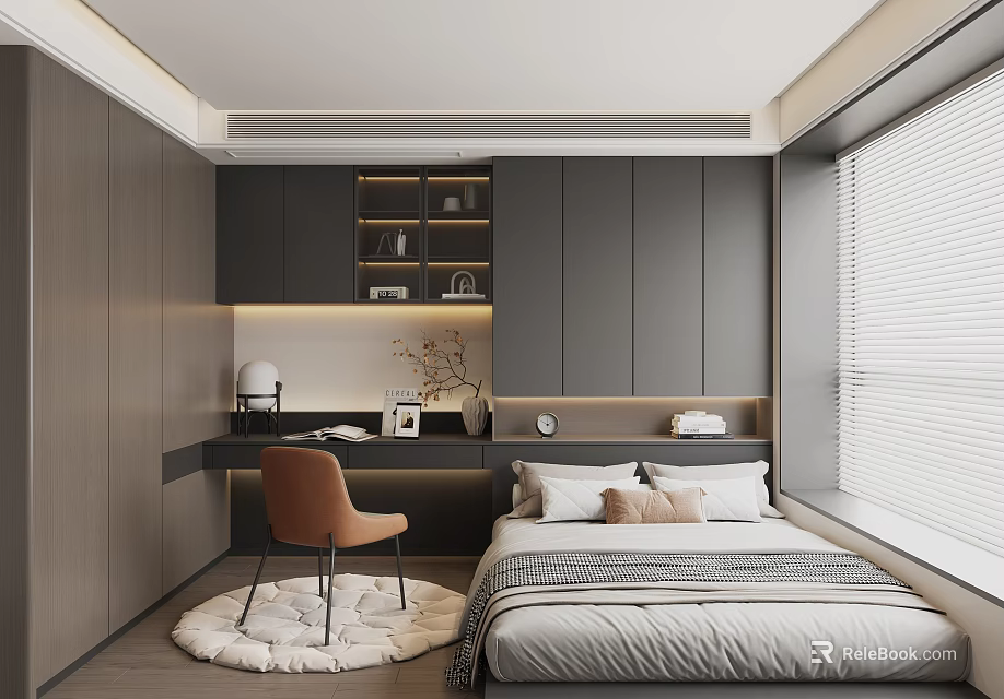 Modern Tatami Bedroom Interior With Bed Desk Chair Storage Cabinets And Window Blinds 3d model 