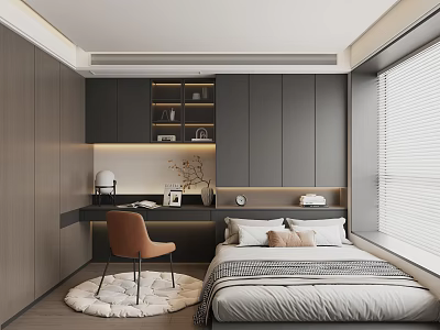 Modern Tatami Bedroom Interior With Bed Desk Chair Storage Cabinets And Window Blinds 3d model