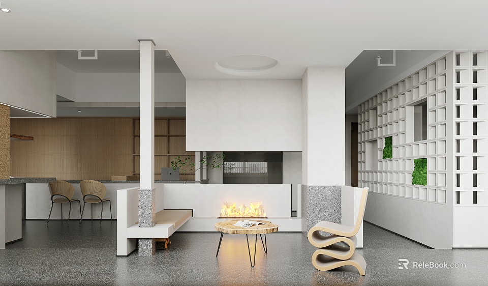 Modern Casual Area Interior With White Fireplace Wooden Sofa Coffee Table And Green Plants 3d model 