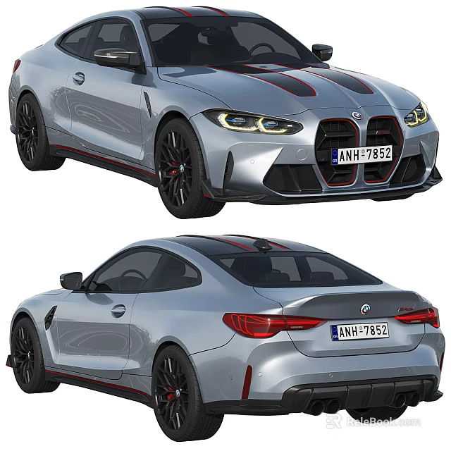 Sporty Silver BMW Coupe With Black Stripes LED Headlights And Red Taillights 3d model 
