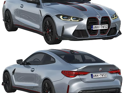 Sporty Silver BMW Coupe With Black Stripes LED Headlights And Red Taillights 3d model