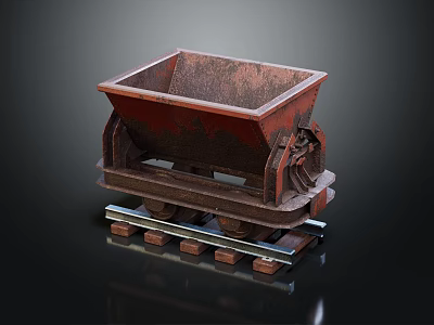 Rusty Mine Cart on Rail Tracks with Detailed Metal Structure and Vintage Design 3d model