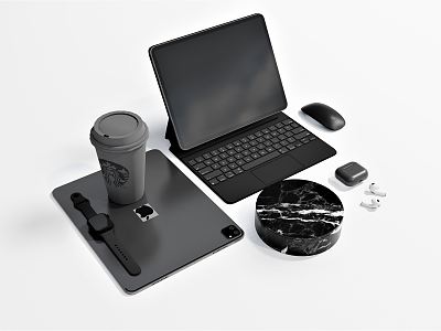 Modern Tablet Computer Laptop Earphone Coffee Cup model