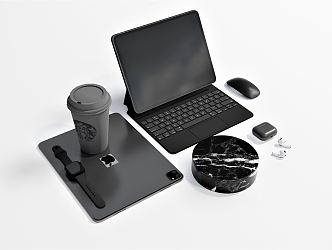 Modern Tablet Computer Laptop Earphone Coffee Cup 3d model