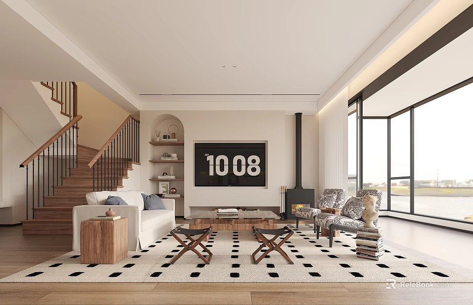 Modern Living and Dining Interior With Staircase Bookshelf Large Window Checkered Rug Sofa Coffee Table 3d model 