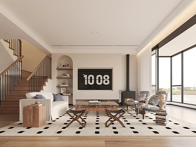Modern Living and Dining Interior With Staircase Bookshelf Large Window Checkered Rug Sofa Coffee Table 3d model