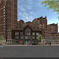 Urban Commercial Street With Red Brick Buildings Tall Structures Pedestrians Cars And Trees