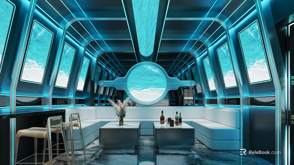 Modern KTV Interior Design With Blue Lighting Circular Window Sofa Bar Counter And Wine Bottles 3d model 