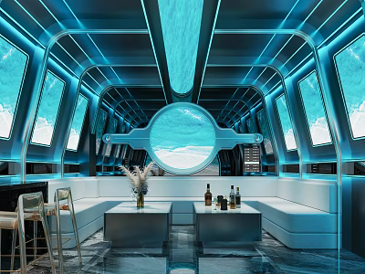 Modern KTV Interior Design With Blue Lighting Circular Window Sofa Bar Counter And Wine Bottles 3d model