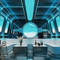 Modern KTV Interior Design With Blue Lighting Circular Window Sofa Bar Counter And Wine Bottles