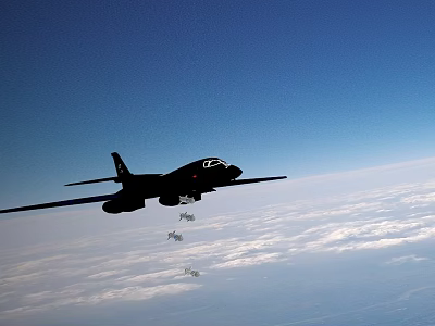 Black Fighter Jet Flying in Blue Sky with Clouds Accompanied by Small Aircraft Below 3d model