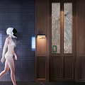 Figure In White Bikini With Astronaut Helmet Near Dark Striped And Wooden Decorative Walls 3d model