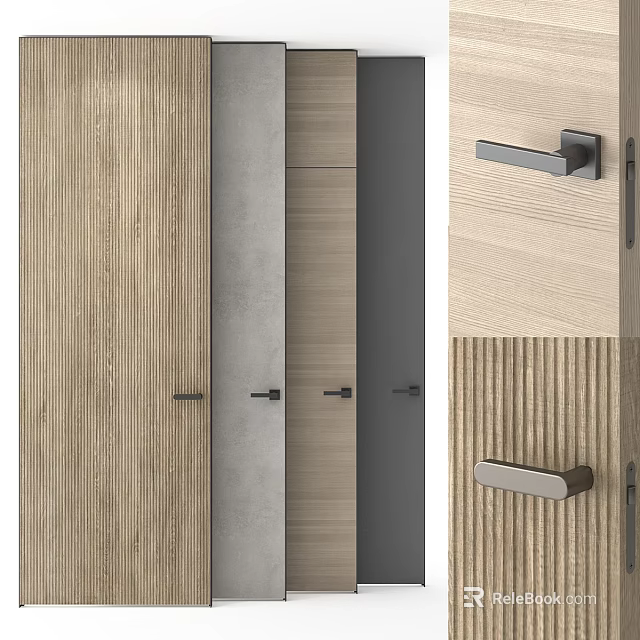 Modern Entrance Doors With Wooden Striped Panels Gray Beige Colors And Metal Handles 3d model 